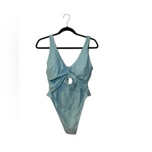 Blue One Piece High Cut Swimsuit with Tie-Front Detail